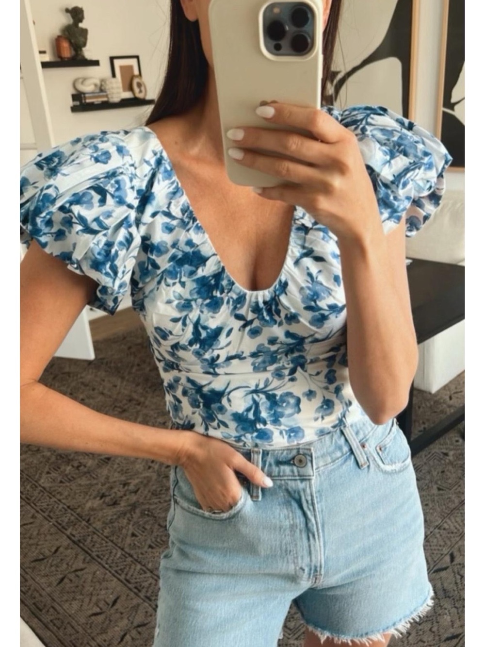 Abercrombie & Fitch White Top with Blue Floral Puff Sleeves